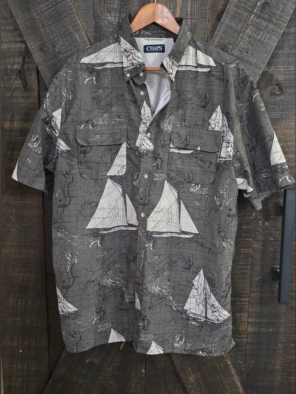 Chaps Men's Green Short-Sleeve Sailboat Print Fishing Shirt Sz XL